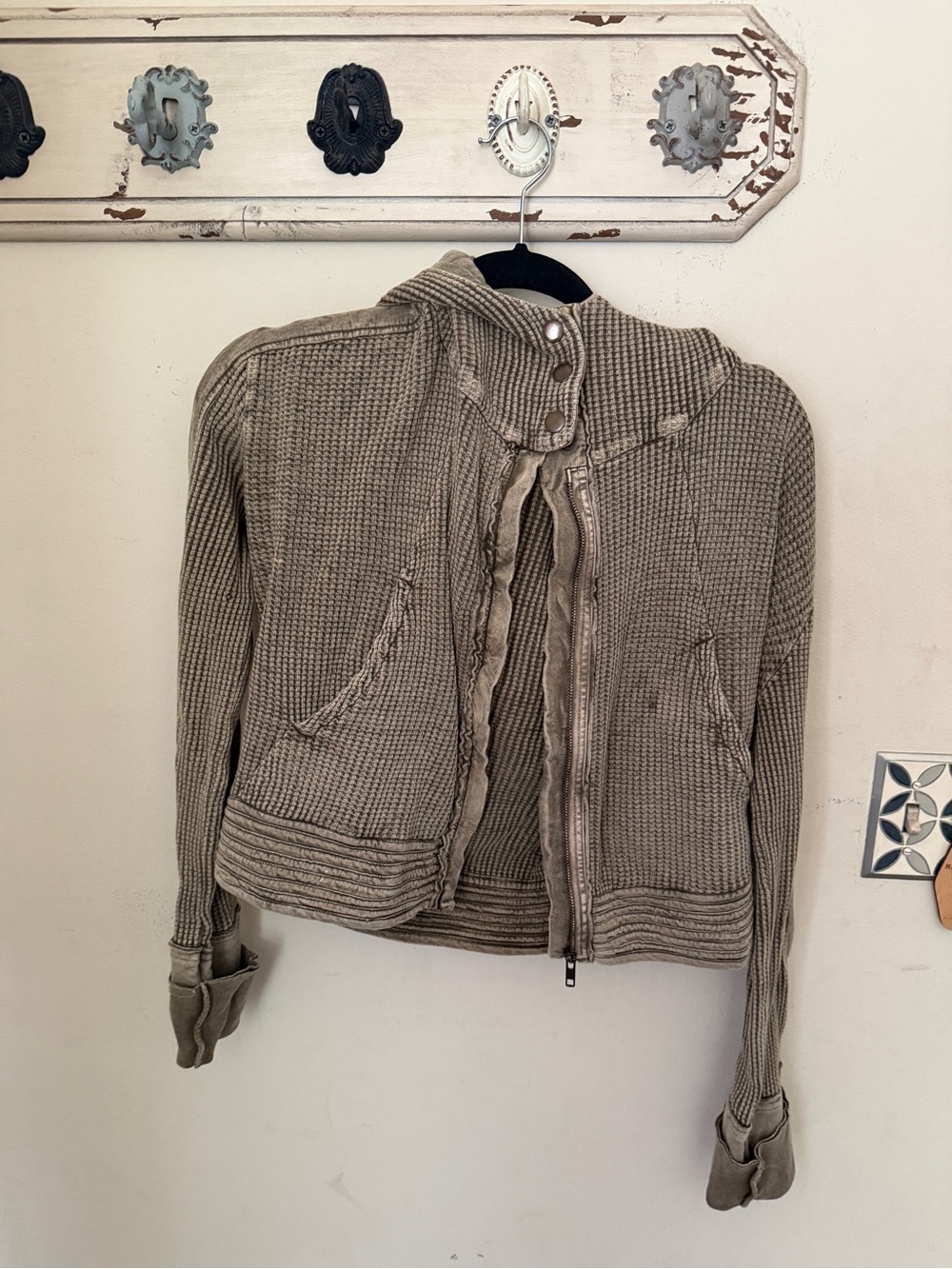 Free People Olive green Waffle-Knit Zip Bomber Jacket